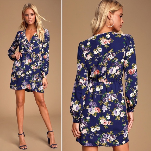 LULU'S That's a Wrap Navy Blue Floral Print Dress - Picture 4 of 11